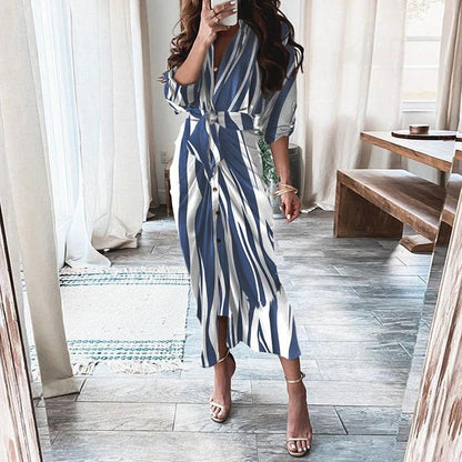 Mandotos European And American Print Long Sleeve Laceup Button Front Shirt Dress