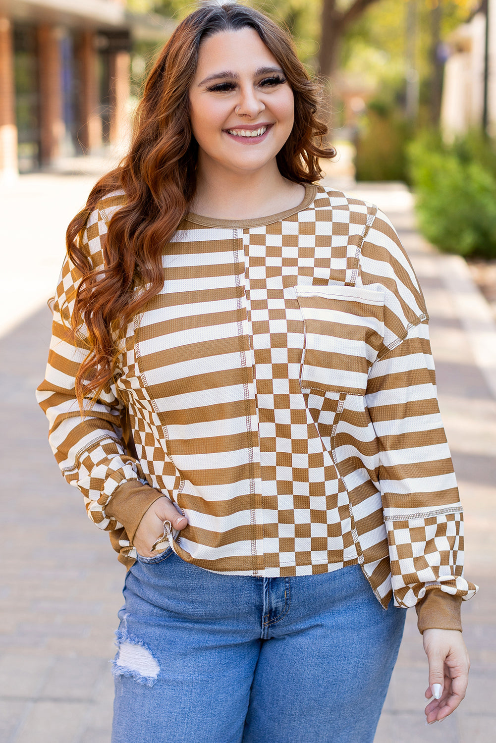 Threaded Pear Khaki Striped Checkered Mixed Print Chest Pocket Casual Plus Size Top