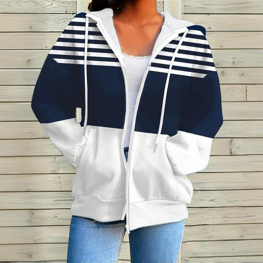 Plus Size Color Block Hoodie – Women’s Casual Zip Sweatshirt