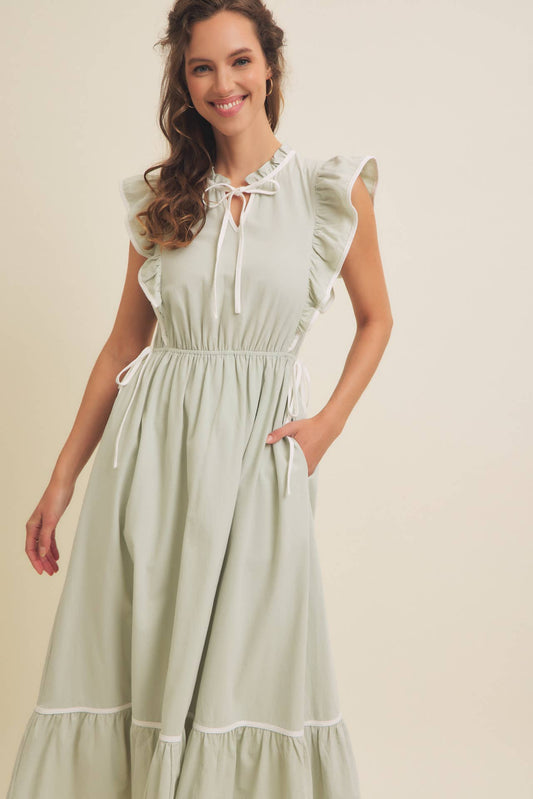 Annie- Cotton Gauze Midi Dress With Ruffles and Contrast Binding