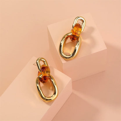 Orange & Goldtone Link Drop Earrings