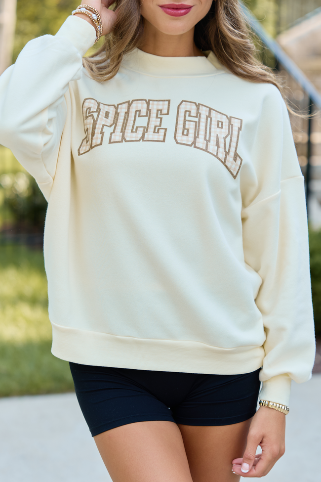 Spice Girl Gingham Pale Yellow Graphic Mock Neck Sweatshirt