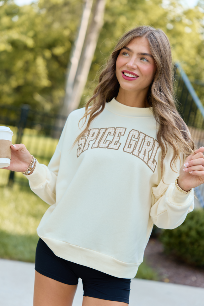 Spice Girl Gingham Pale Yellow Graphic Mock Neck Sweatshirt
