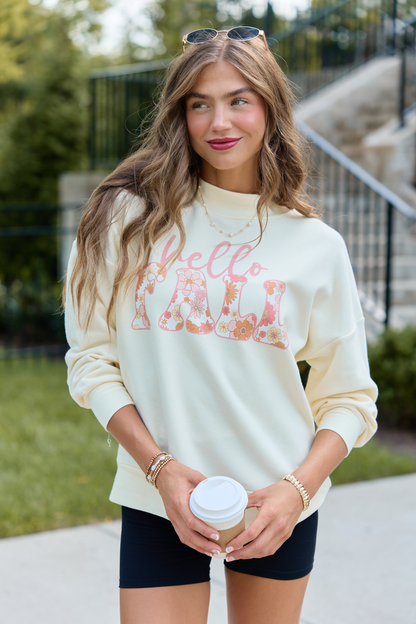 Hello Fall Pale Yellow Graphic Mock Neck Sweatshirt