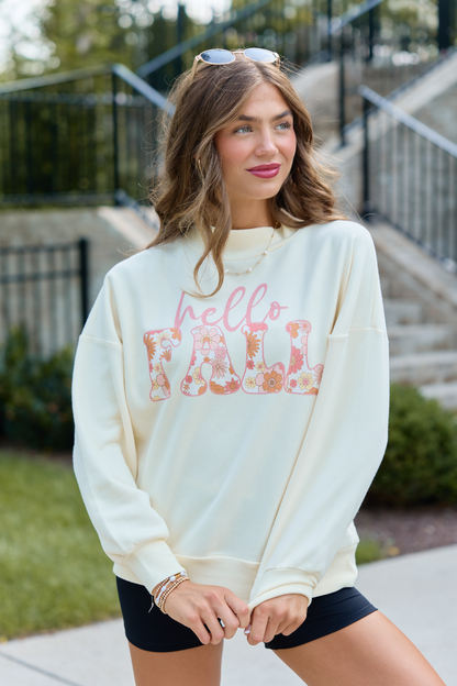 Hello Fall Pale Yellow Graphic Mock Neck Sweatshirt
