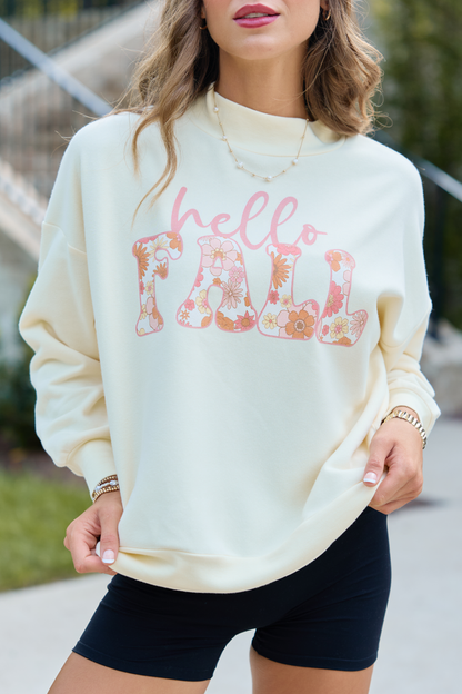 Hello Fall Pale Yellow Graphic Mock Neck Sweatshirt