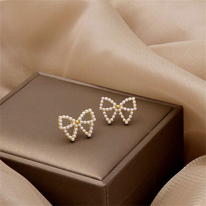 Pearl & Goldtone Bow Stud Earrings