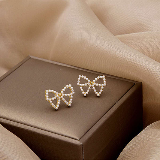 Pearl & Goldtone Bow Stud Earrings