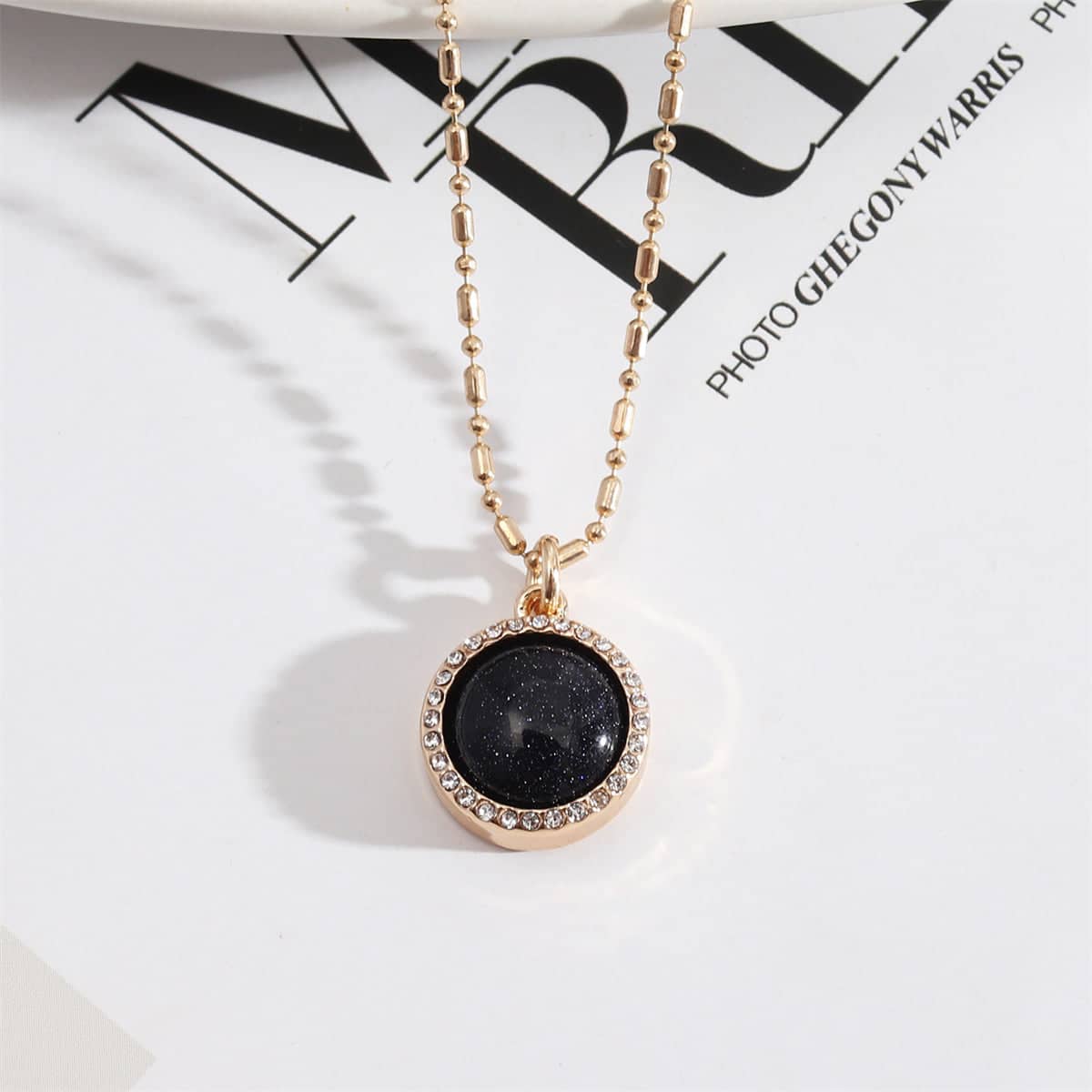 Black Quartz & Cubic Zirconia Ball-Chain Round Pendant Necklace