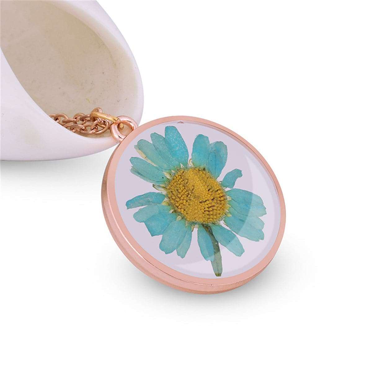 Blue Pressed Mum & Rose Goldtone Pendant Necklace