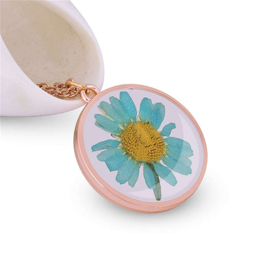 Blue Pressed Mum & Rose Goldtone Pendant Necklace