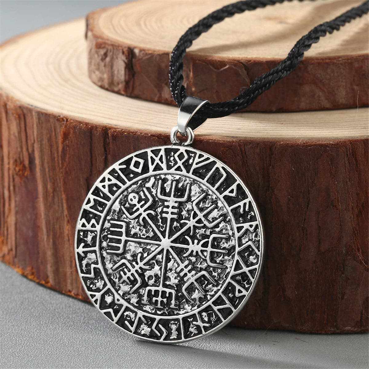 Silvertone & Black Compass Pendant Necklace