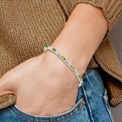 Oval Green Peridot Prong Rhodium Plated Sterling Silver Bar Link Bracelet