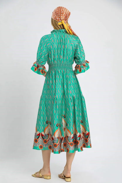 Umgee Printed Smocked Waist Flounce Sleeve Midi Dress
