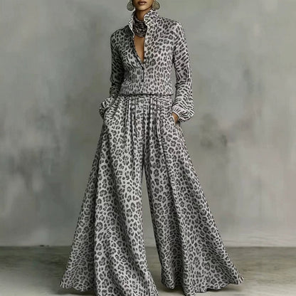 Leopard Print Wide-Leg Pants Set – Women’s Casual Two-Piece