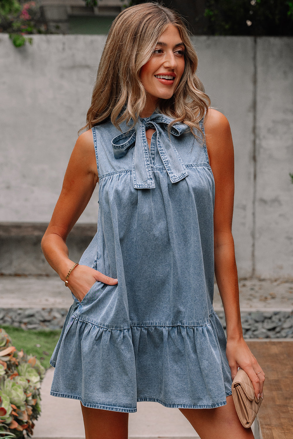 Threaded Pear Clare Sleeveless Ruffled Chambray Dress