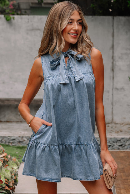 Threaded Pear Clare Sleeveless Ruffled Chambray Dress
