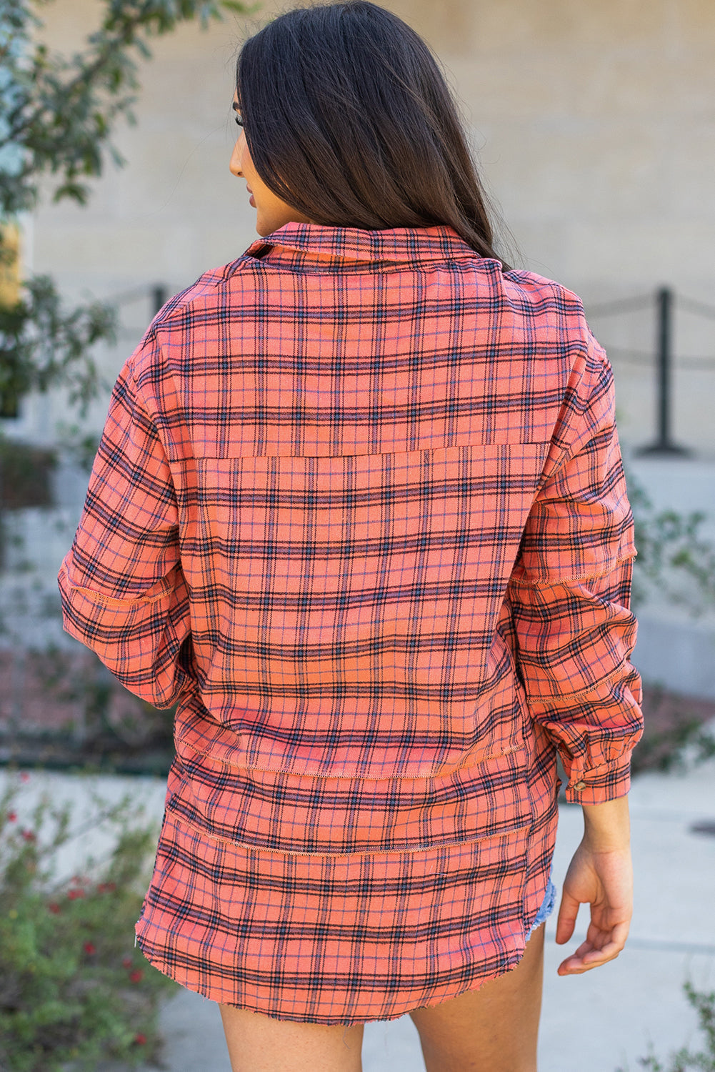 Threaded Pear Plaid Long Sleeve Side Split Distressed Shirt