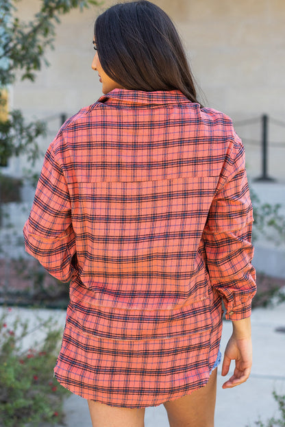 Threaded Pear Plaid Long Sleeve Side Split Distressed Shirt