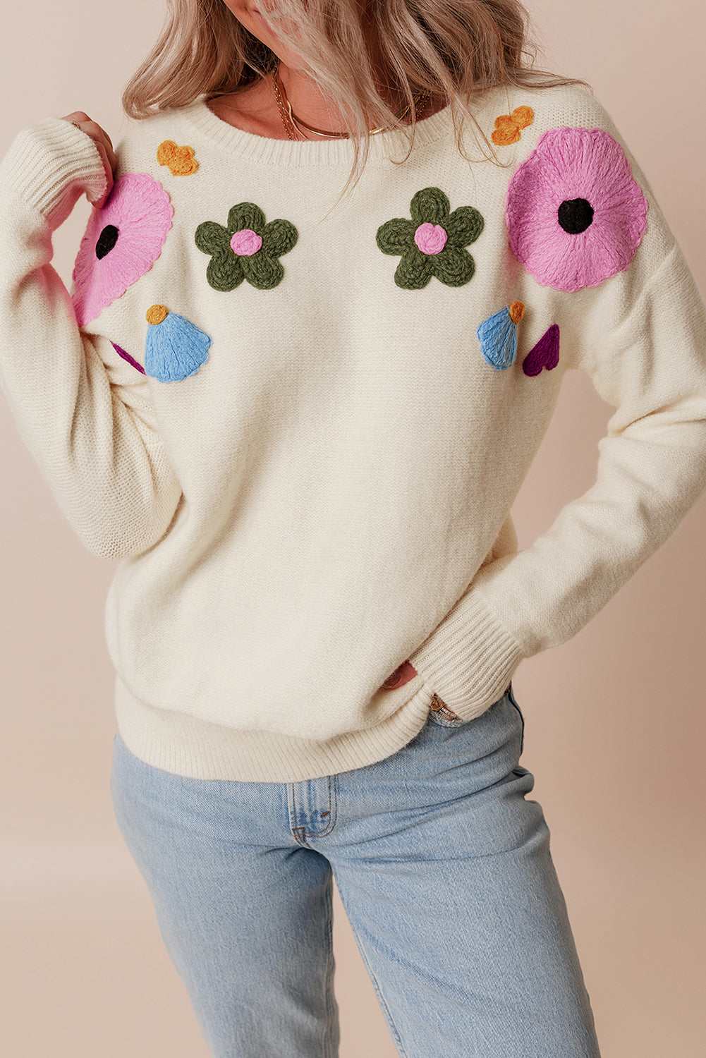 Tiana Pattern Ribbed Edge Sweater - Beige / L - 12/14