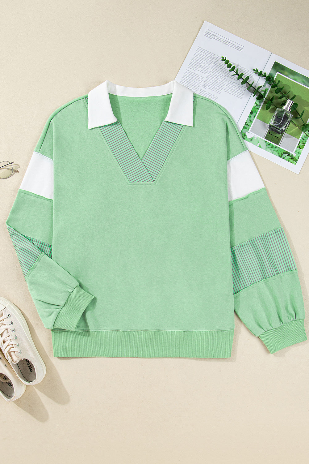 Threaded Pear Moonlight Jade Color Block Striped Patchwork Collar V Neck Plus Size Sweatshirt