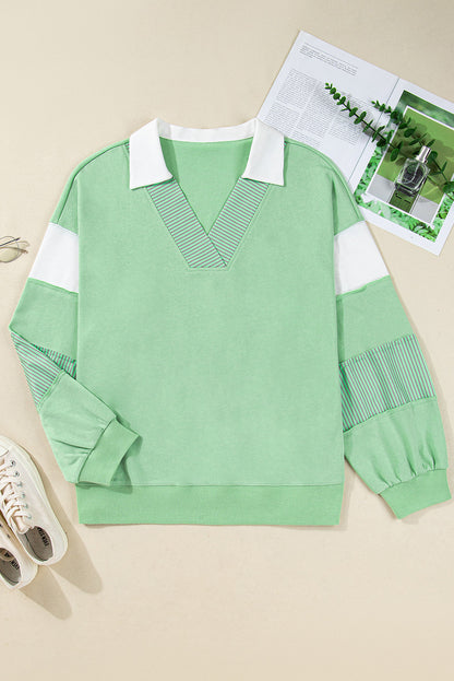 Threaded Pear Moonlight Jade Color Block Striped Patchwork Collar V Neck Plus Size Sweatshirt