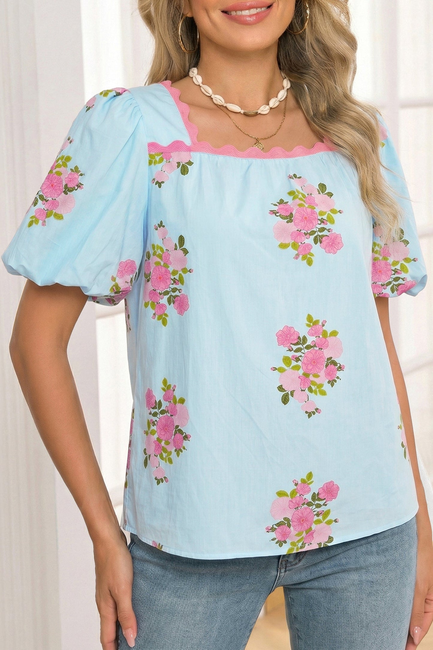 Threaded Pear Dalia Detail Bubble Sleeve Blouse