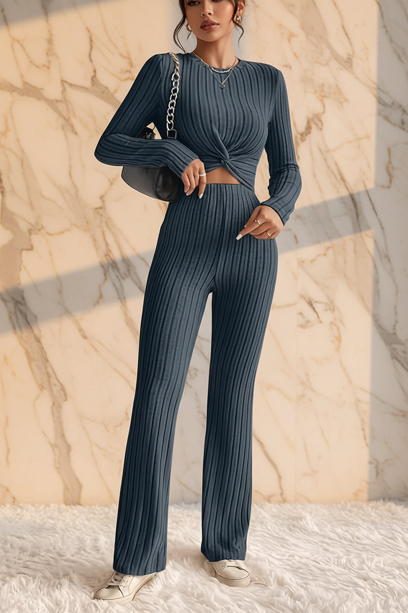 Women's Twist-Front Crop Top & Wide-Leg Ribbed Knit Set – 3 Colors