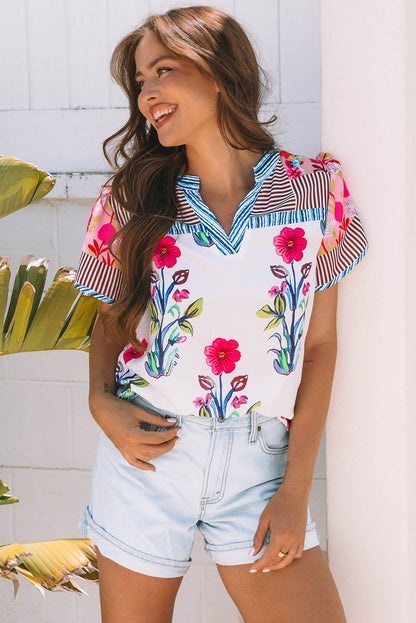 Threaded Pear Maya Floral Striped Split Neck Blouse