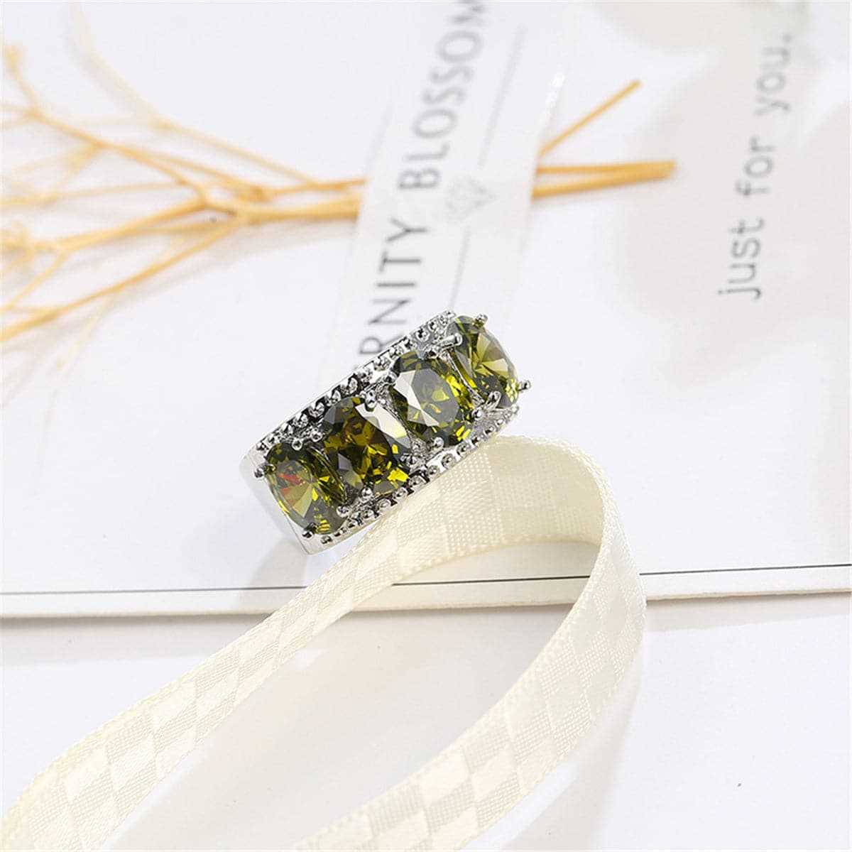 Olive Crystal & Silvertone Prong Ring