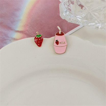 Pink Enamel & Goldtone Strawberry Milk Stud Earrings