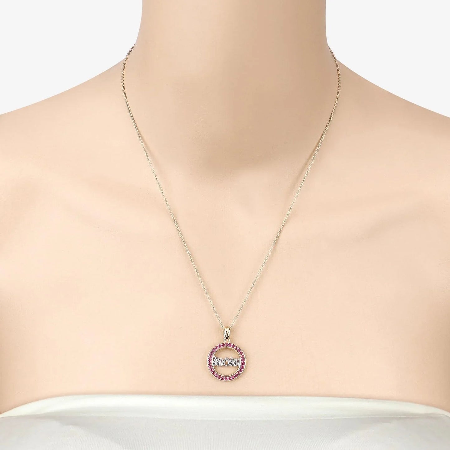 Round Pink Ruby Prong Gold Plated Silver Mom Circle Pendant Necklace