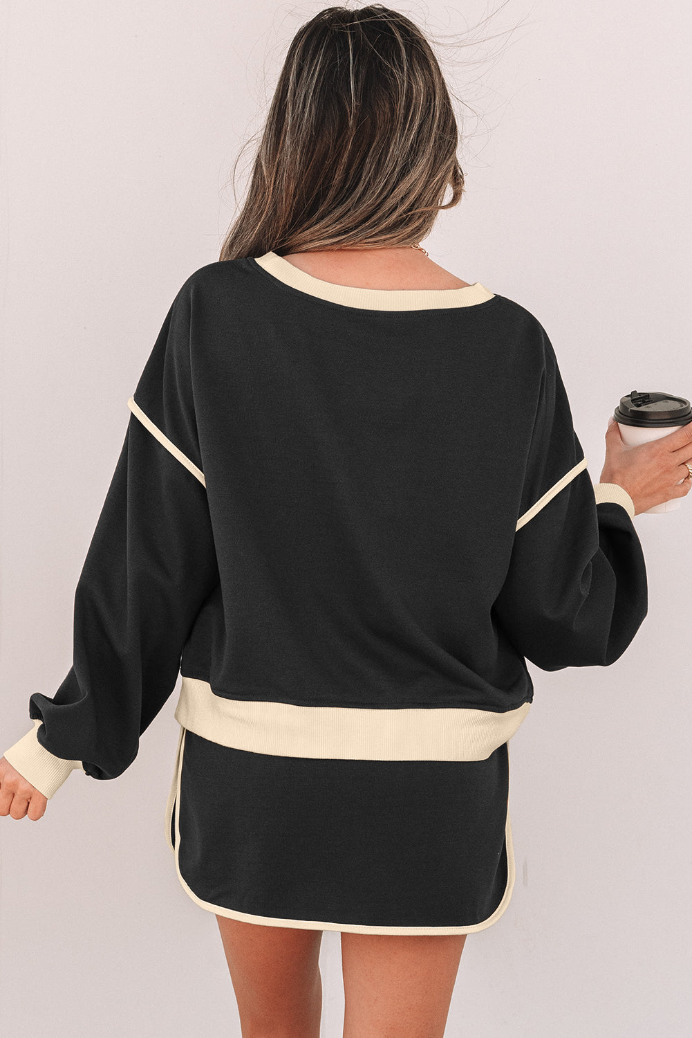 Violeta Loose Pullover and Lace-up Waist Skort Set - Threaded Pear
