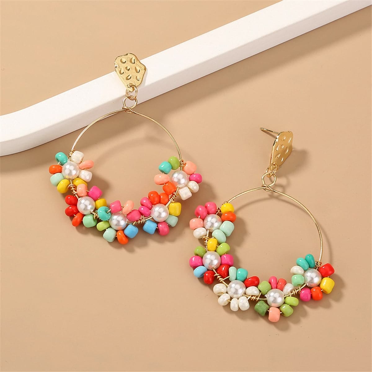 Teal Howlite & Pearl Goldtone Hoop Earrings