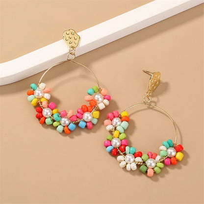 Teal Howlite & Pearl Goldtone Hoop Earrings