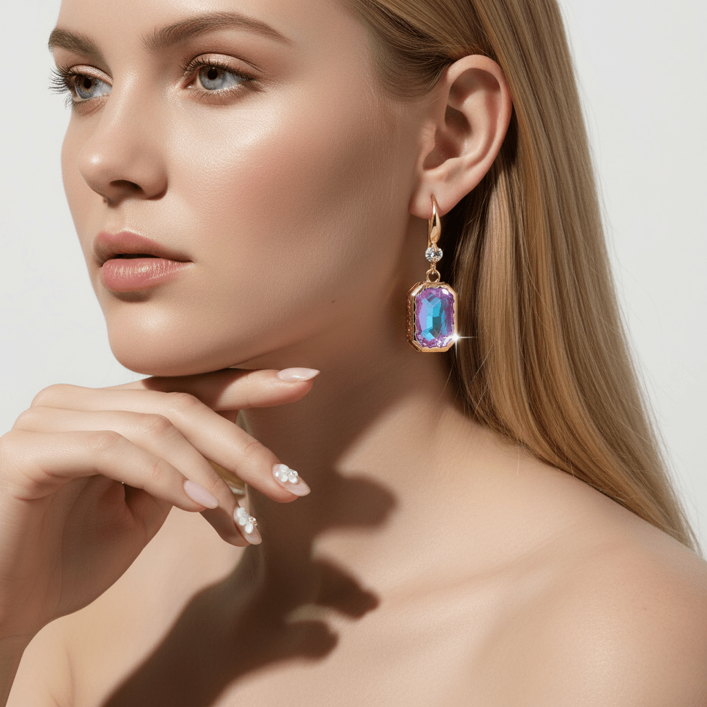 Purple Crystal & Cubic Zirconia Goldtone Cushion-Cut Hook Earrings