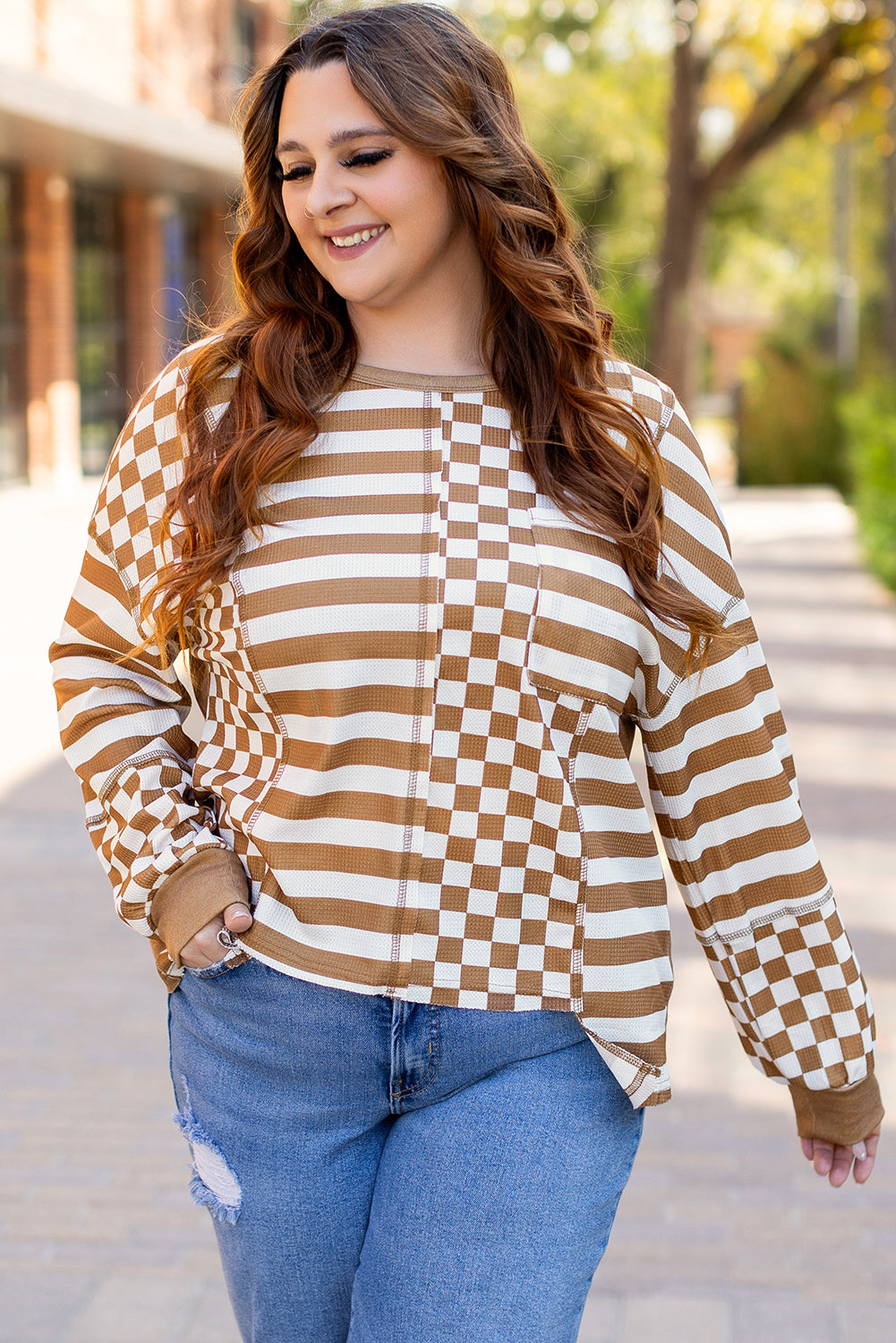 Threaded Pear Khaki Striped Checkered Mixed Print Chest Pocket Casual Plus Size Top