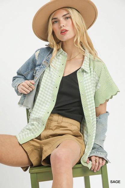 Umgee Mixed Gingham Short Sleeve Shirt