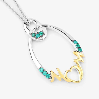 Round Green Emerald Prong Silver Mom Heart Pendant Necklace