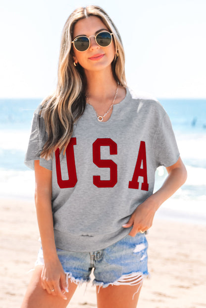 Threaded Pear USA Patch Notched Neck Loose Tee