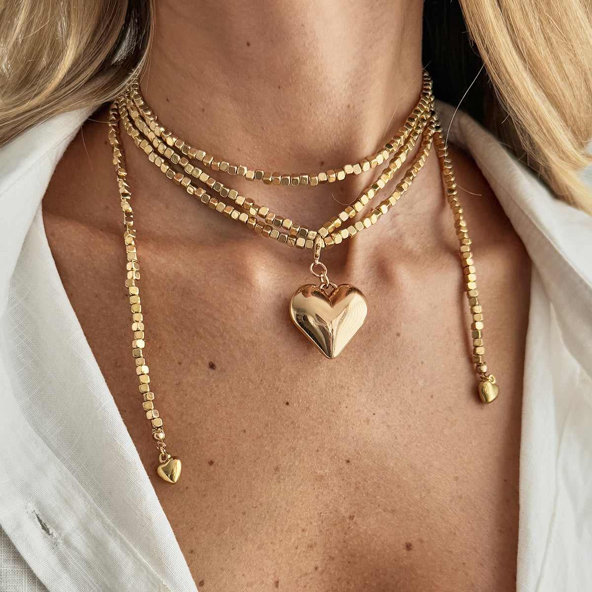 Goldtone Bead Chain Big Heart Pendant Toggle Necklace