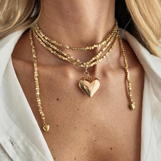 Goldtone Bead Chain Big Heart Pendant Toggle Necklace