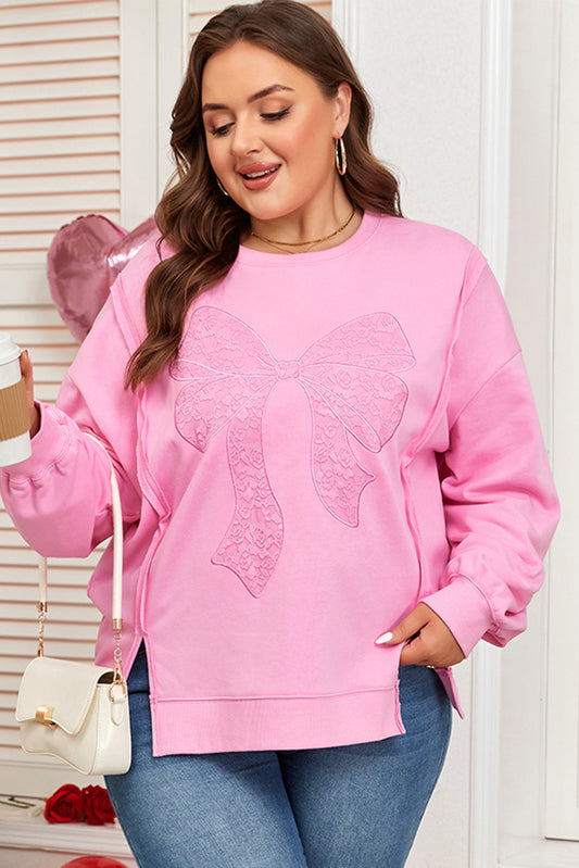 Threaded Pear Pink Big Bow Lace Embroidered Dolman Sleeve Slit Plus Size Sweatshirt