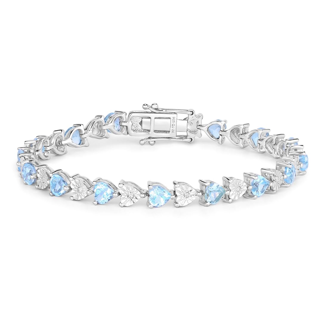 7.50 Ct Heart Blue Topaz & Diamond Prong Silver Tennis Bracelet