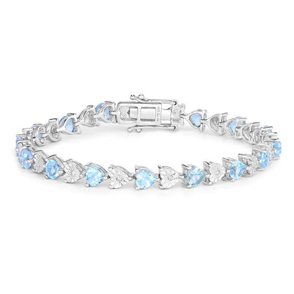 7.50 Ct Heart Blue Topaz & Diamond Prong Silver Tennis Bracelet