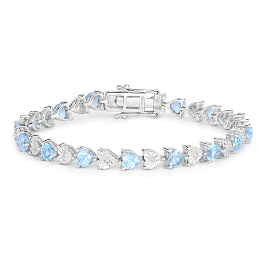 7.50 Ct Heart Blue Topaz & Diamond Prong Silver Tennis Bracelet