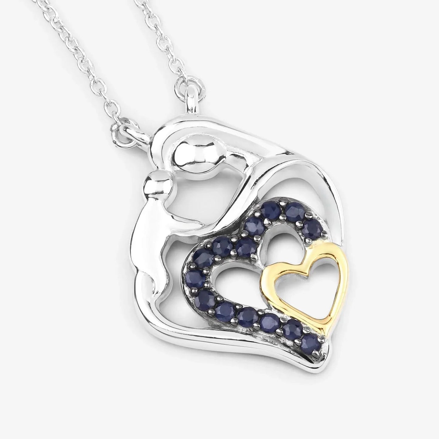 Round Blue Sapphire Prong Silver Double Heart Pendant Necklace