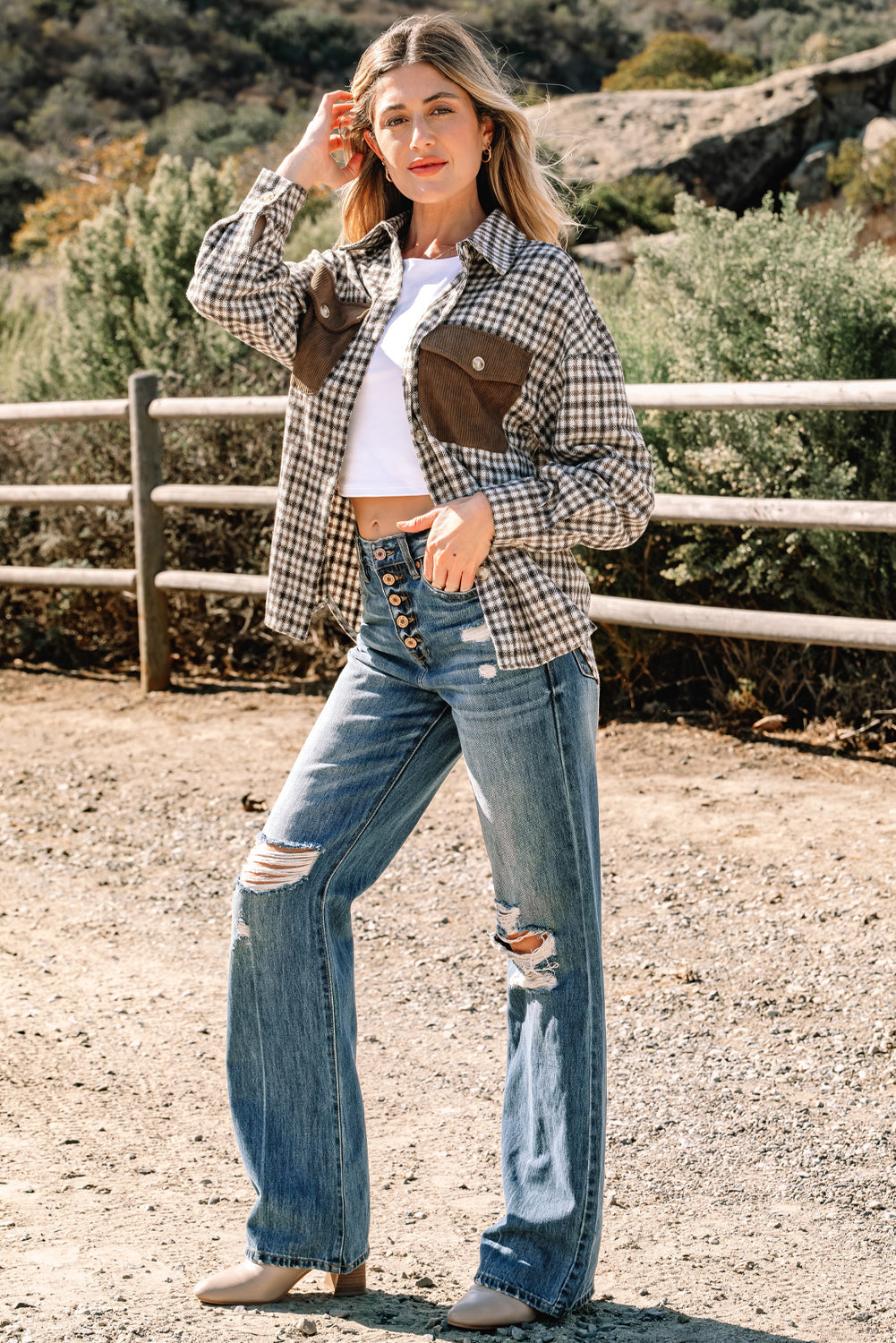 Threaded Pear Ava Flap Patchwork Plaid Shacket