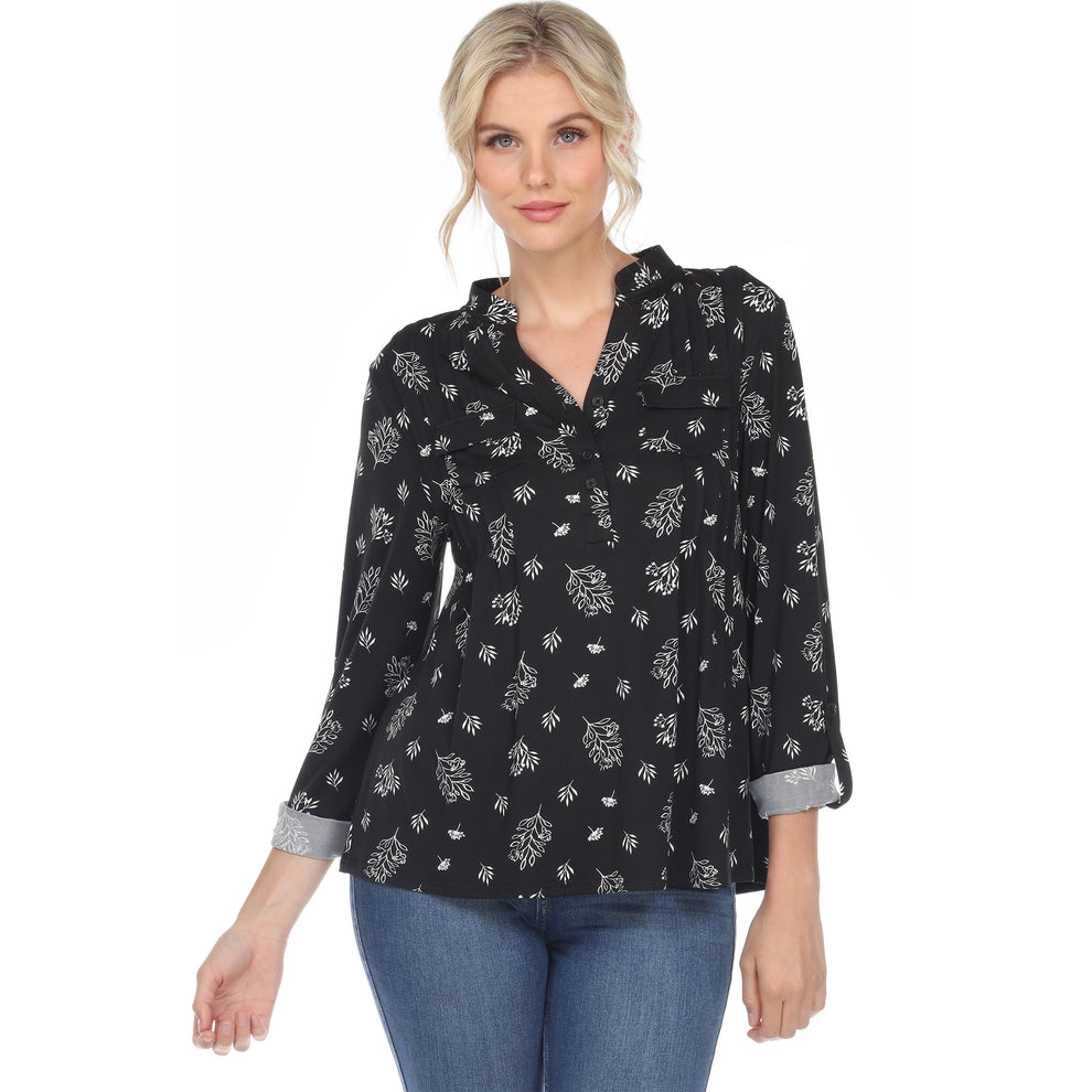 Pleated Long Sleeve Leaf Print Blouse - Plus