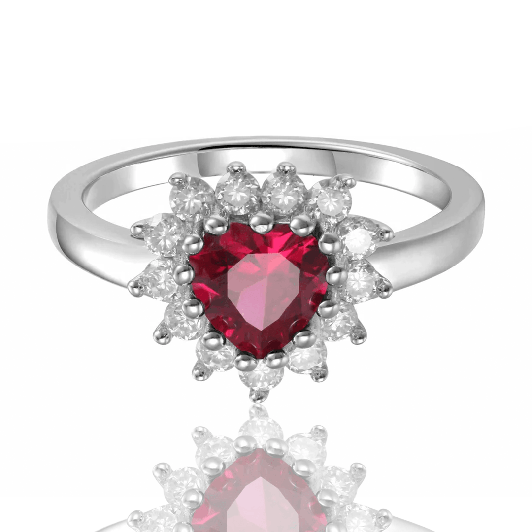 0.94 Ct Heart Red Lab Created Ruby Prong Silver Halo Ring